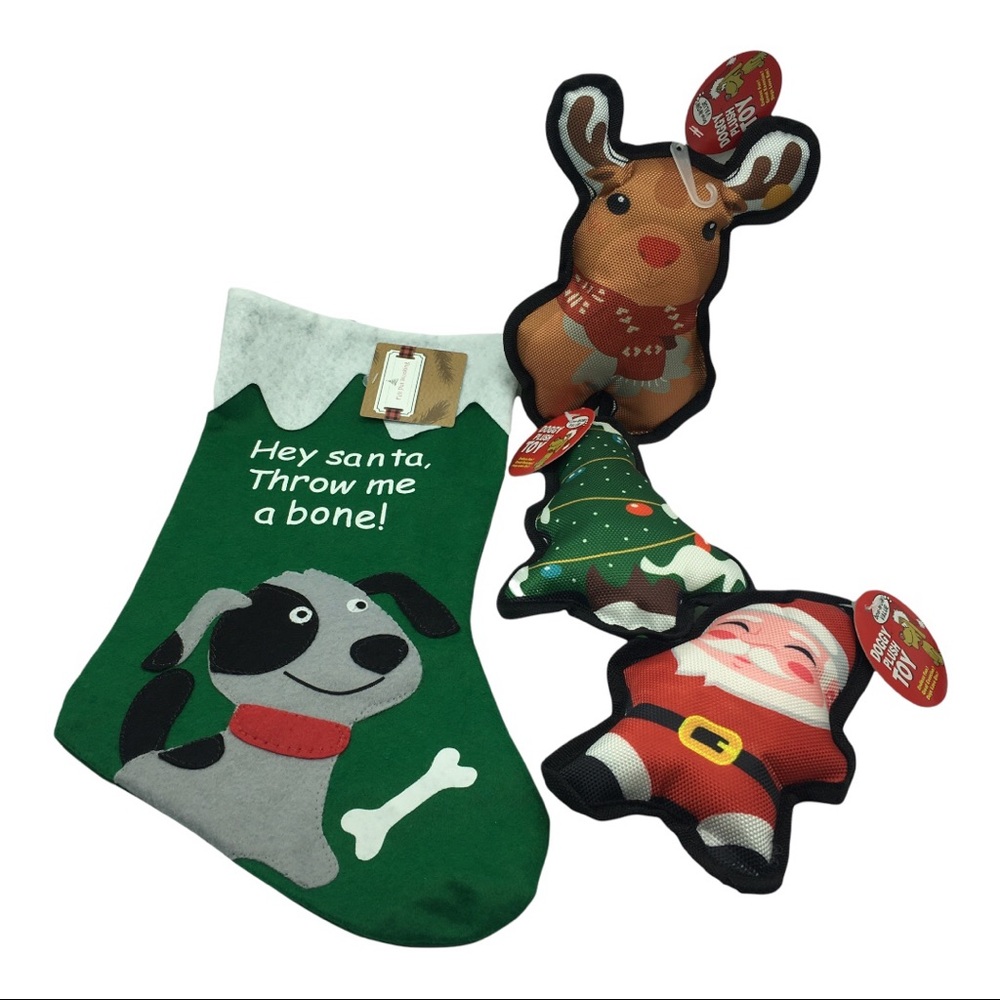 Super Cute Christmas stocking with 3 Chew toys for a dog or puppy Gift Idea